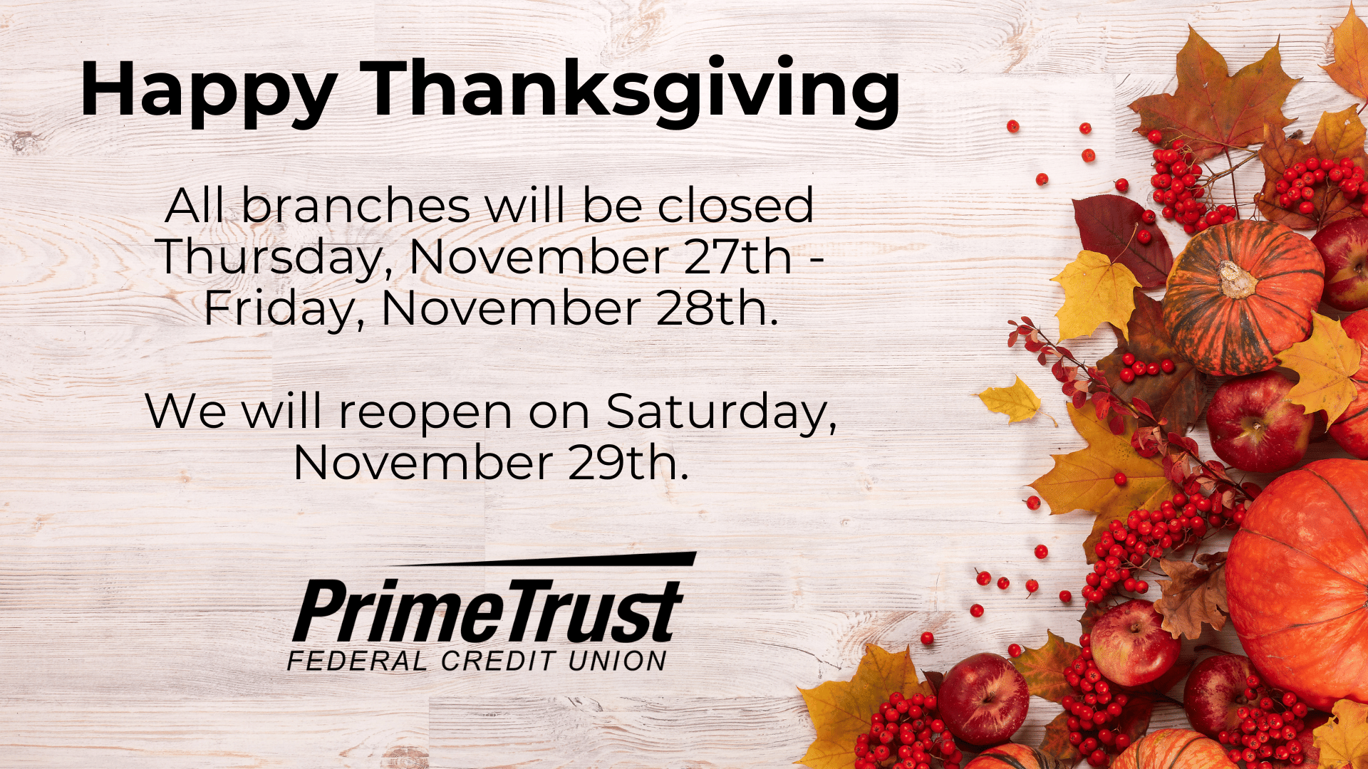Thanksgiving, primetrust, closed
